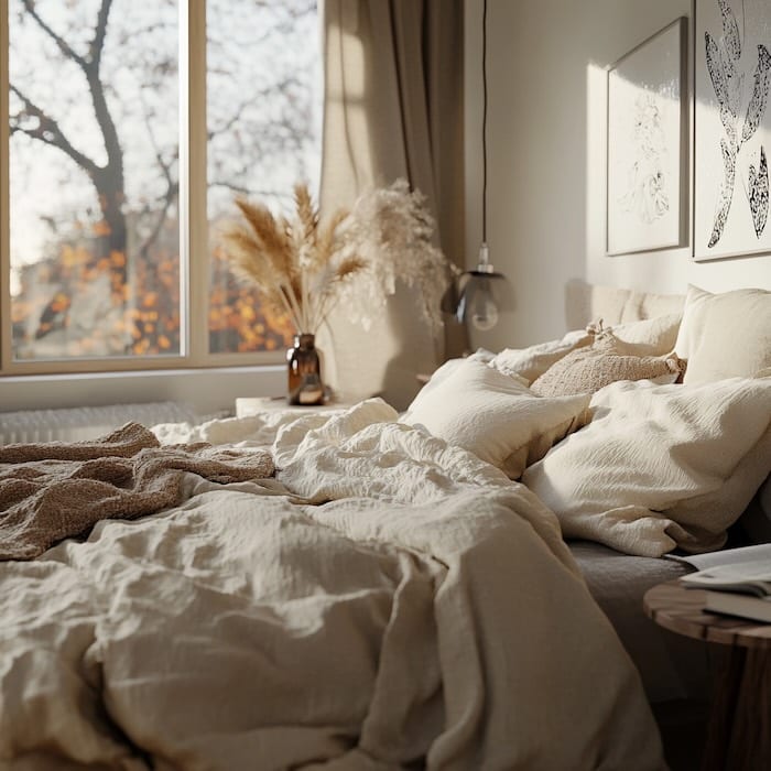 Chambre avec un linge de lit aux tons naturels